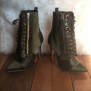 Satin army green ankle high heel boots 6 worn once
